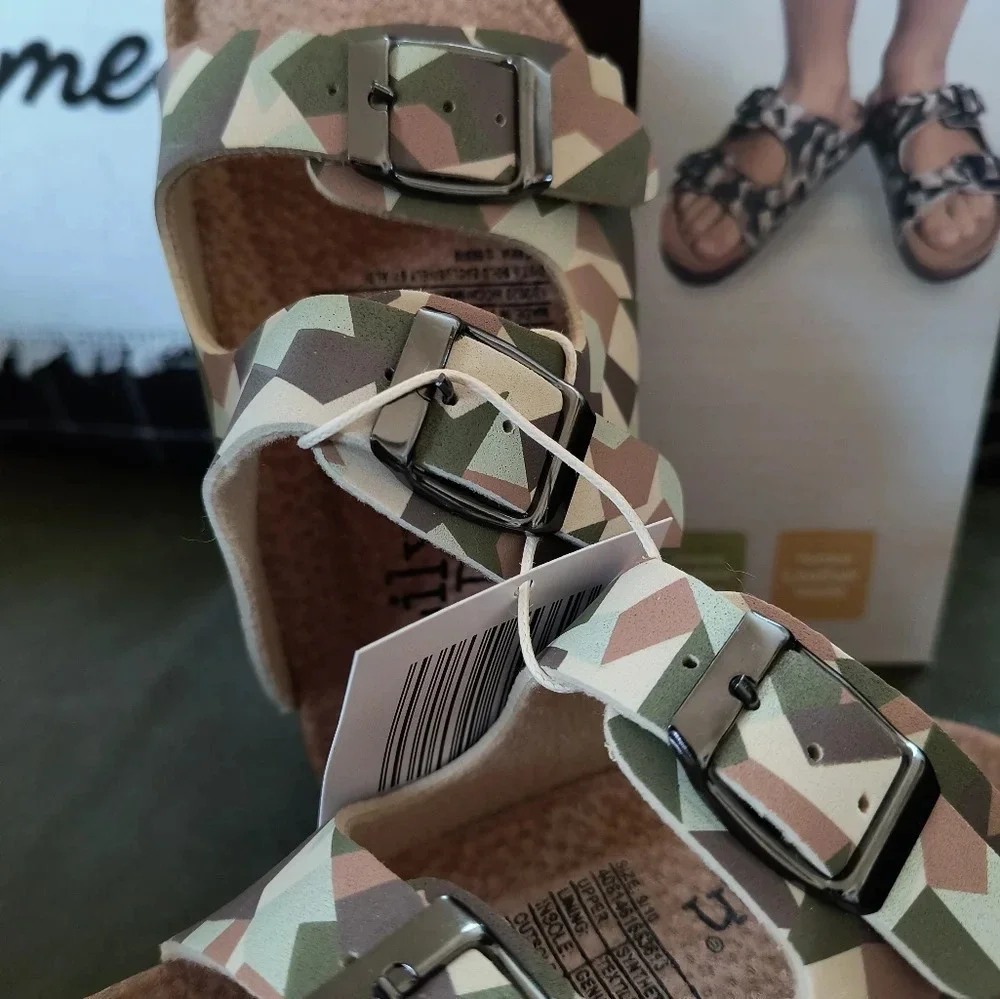 Cream tan brown green Birkenstock style sandals kids camouflage style pattern